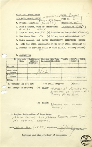 Photo:Incident Report, Strand Palace Hotel, 16 November 1940
