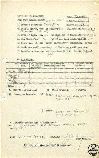 Photo:Incident Report, Savoy Hotel, 16 November 1940