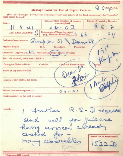 Photo:ARP Message Form. 11 May, 1941