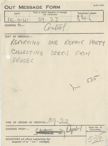Photo:St Marylebone ARP Message Form, Druces Depository, 15 September 1941