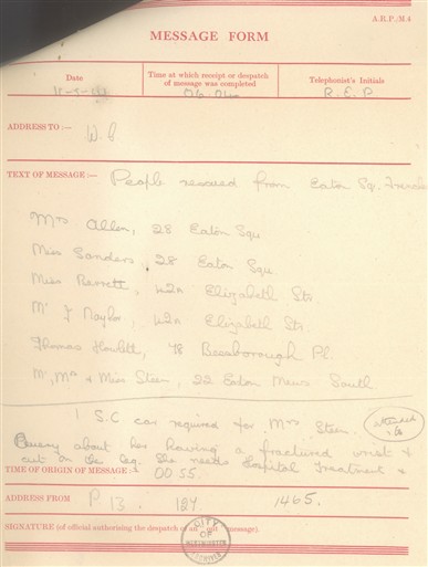 Photo:ARP Message Form detailing casualties in Eaton Square