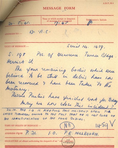 Photo:ARP Message Form. 20 May, 1941