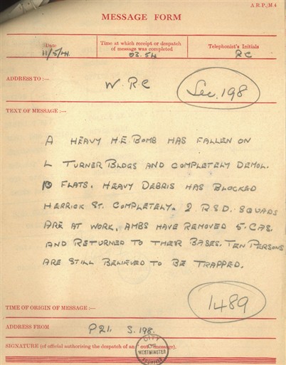 Photo:ARP Message Form. 11 May, 1941