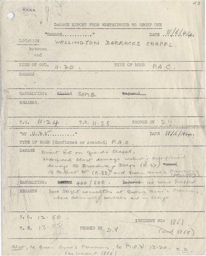 Photo:ARP Damage Report, Guards Chapel, 18 June 1944