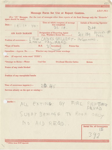 Photo:ARP Message Form , House of Commons, 1940