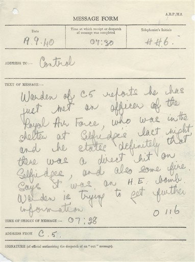 Photo:ARP Message Form, Selfridges, September 1940