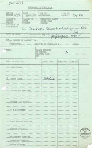 Photo:ARP Permanent Record Book, Denbigh Street, 29 September 1940