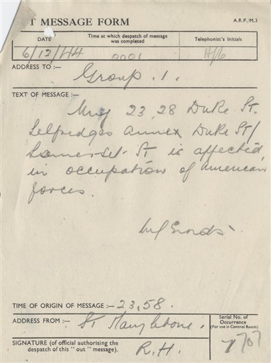Photo:St Marylebone ARP Message, Selfridges, 6 December 1944