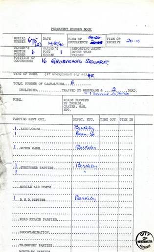 Photo:ARP Permanent Record Book, 15 Grosvenor Square, 14 October 1940