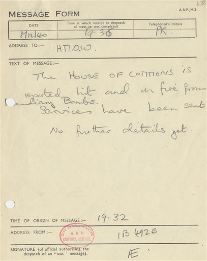 Photo:ARP Message Form, House of Commons, 1940