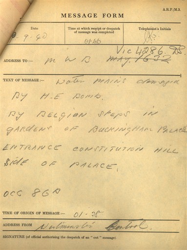 Photo:Message form describing damage by H.E. bomb on 9 Sept 1940