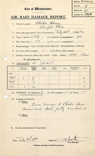 Photo:Damage Report, Electra House, 24 July 1944