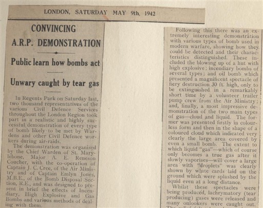 Photo:Excerpts from a 1942 article from The Record and West London News about an ARP demonstration where the crowd was exposed to tear gas