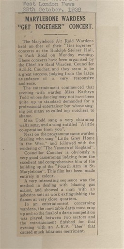 Photo:1939 article from The Record and West London News about a concert hosted by Marylebone air raid wardens