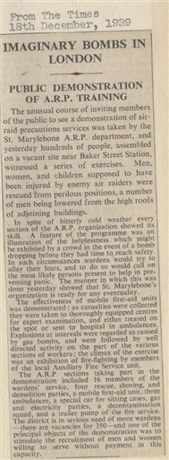 Photo:1939 article from The Times describing a public demonstration of ARP training