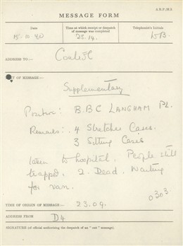 Photo:St Marylebone ARP Message Form , BBC Broadcasting House, 15 October 1940