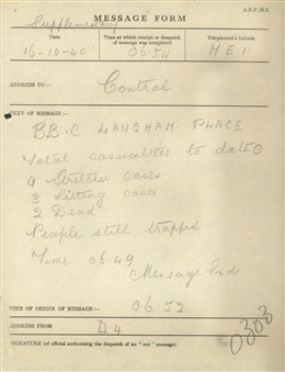 Photo:St Marylebone ARP Message Form, BBC Broadcasting House, 16 October 1940