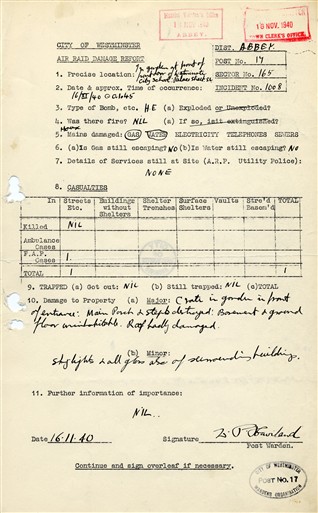 Photo:Air Raid Damage Report, Westminster City School, 16 November 1940