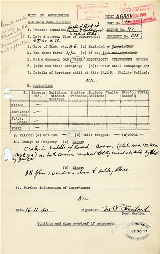 Photo:Air Raid Damage Report, Ashley Gardens SW1, 16 November 1940