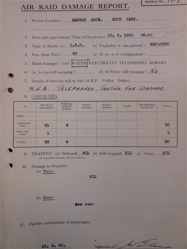 Photo:Air Raid Damage Report for Speakers' Corner, 1945