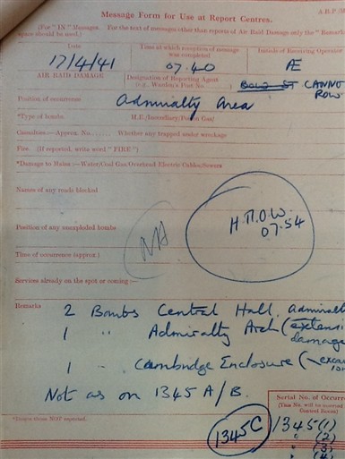 Photo:ARP Message Form, Amiralty Arch, 17 April 1941