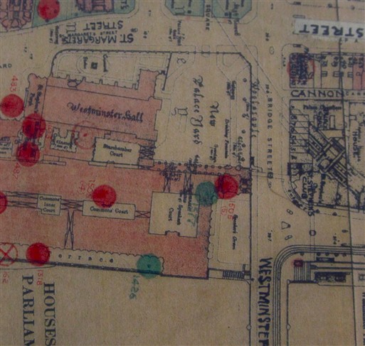 Photo:Bomb Map: detail of the area shows where Westminster Hall was hit