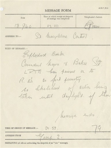Photo:ARP Message Form, York and Baker Street junction, 18 September 1940