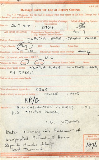 Photo:Message Form for Electra House, 24 July 1944