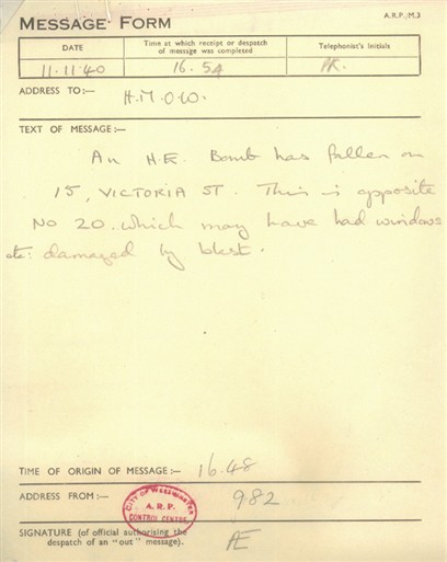 Photo:Message Form: 11 November 1940