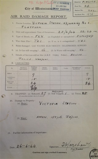 Photo:Victoria Station, V1 Incident Report, Hudson's Place 25 June 1944
