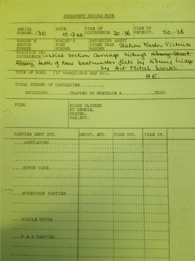 Photo:Victoria Station Incident Report, 10 September 1940