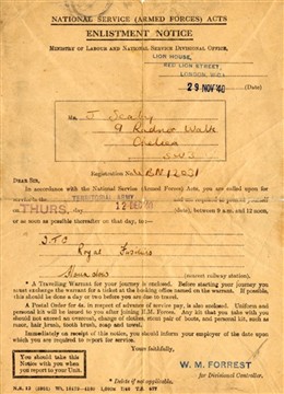 Photo:pte joe Seaby's call up papers from the Royal Fusiliers December 1940