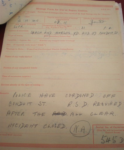 Photo:ARP Message, 37 Conduit Street, 2 October 1940